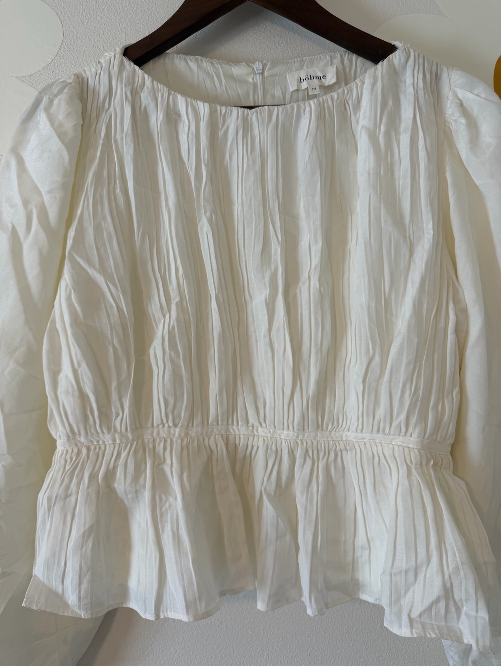 Bohme White Linen Blend Gathered Waist Long Balloon Sleeve Blouse Viscose - Picture 2 of 8
